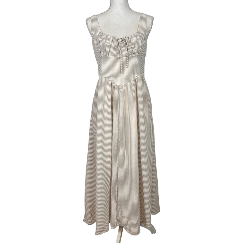 Milkmaid Dress Womens Large Tan White Striped Midi Ruched Smocked Cottagecore